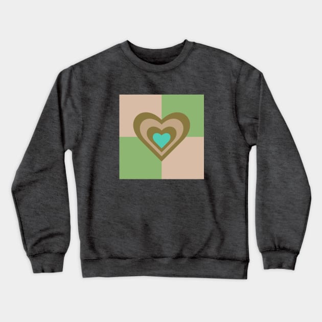 LOVE HEARTS CHECKERBOARD Retro Alt Valentines in Olive Sand Turquoise on Cream Green Geometric Grid - UnBlink Studio by Jackie Tahara Crewneck Sweatshirt by UnBlink Studio by Jackie Tahara